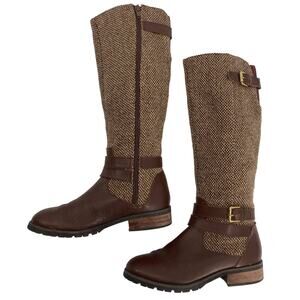 GH BASS women 5.5M Tweed brown Leather knee high Riding buckle side zip Boots